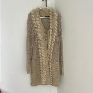 Sioni Tan Cardigan with Fur Trim